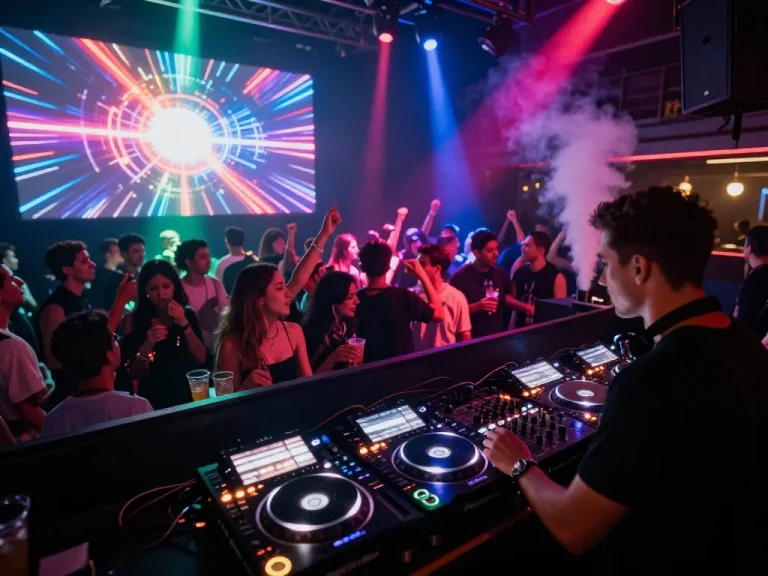 8Day DJ performance at vibrant nightclub showcasing electronic music excitement with colorful lights and an engaged crowd.
