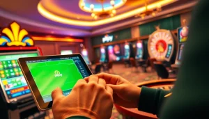 Betting on phjoy with a stylish tablet, showcasing casino excitement and luxury.