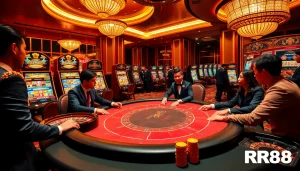 Experience the thrill of gaming at RR88 with an upscale poker table and vibrant slot machines.