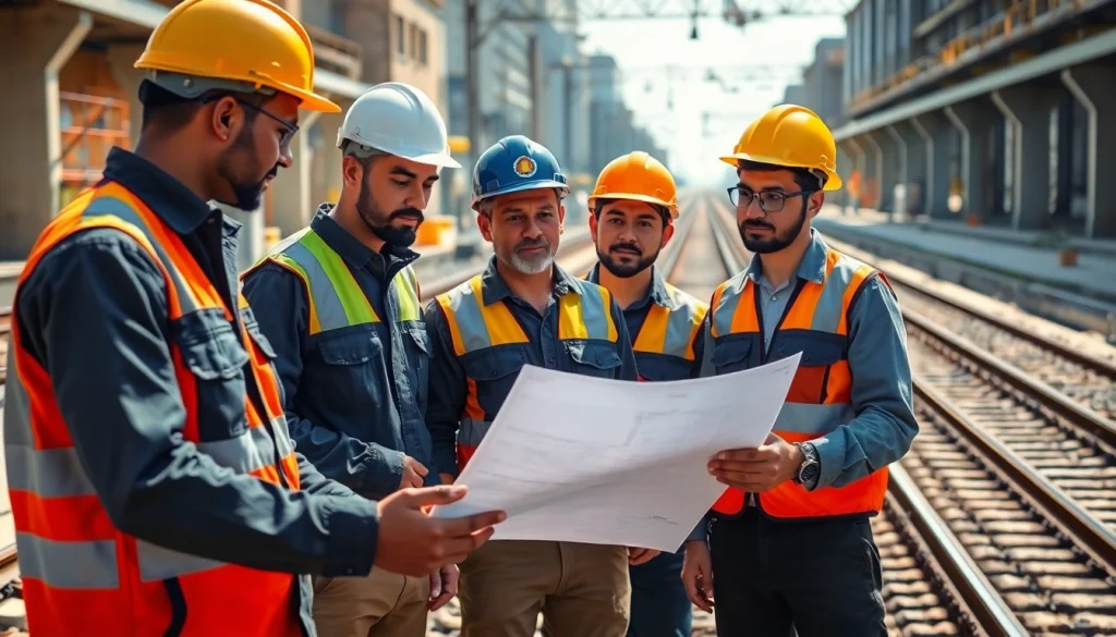 Engaged team discussing rail jobs at a railway construction site with blueprints.