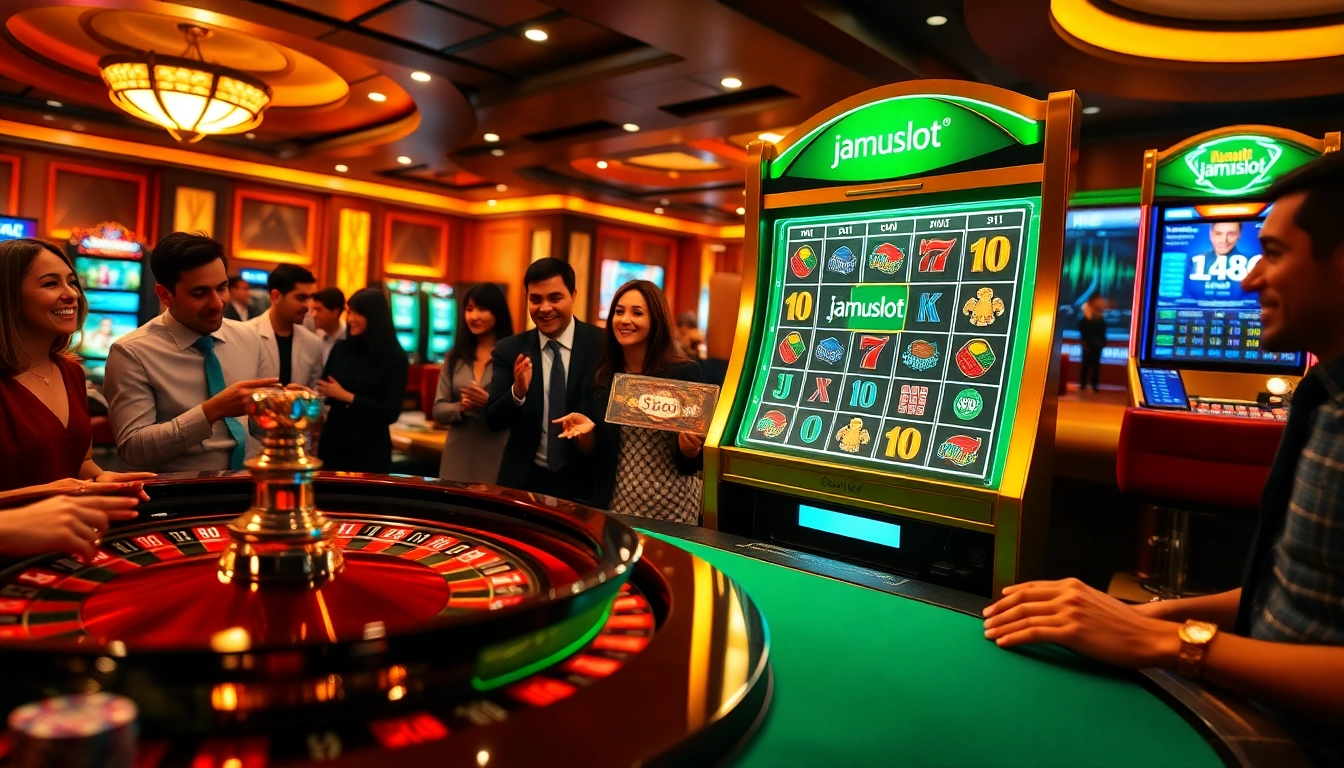 Players enjoying a thrilling slot experience on jamuslot, showcasing luxury casino elements and excitement.