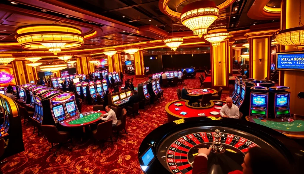 Mega888 gaming excitement showcased at a vibrant casino floor filled with slot machines and poker tables.