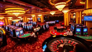 Mega888 gaming excitement showcased at a vibrant casino floor filled with slot machines and poker tables.