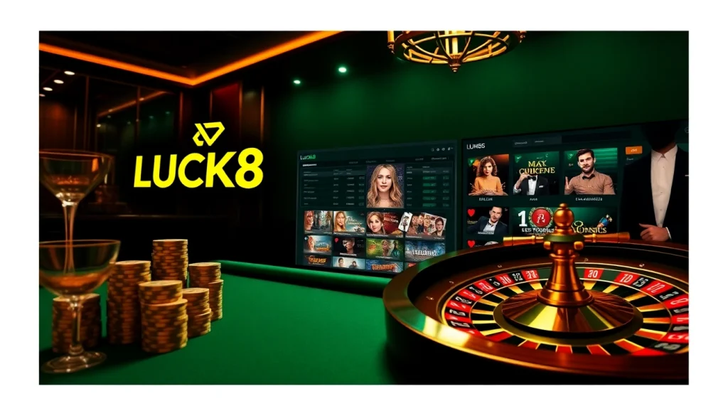 LUCK8 casino scene showcasing an elegant poker table and roulette wheel for thrilling gambling experiences.