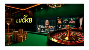 LUCK8 casino scene showcasing an elegant poker table and roulette wheel for thrilling gambling experiences.