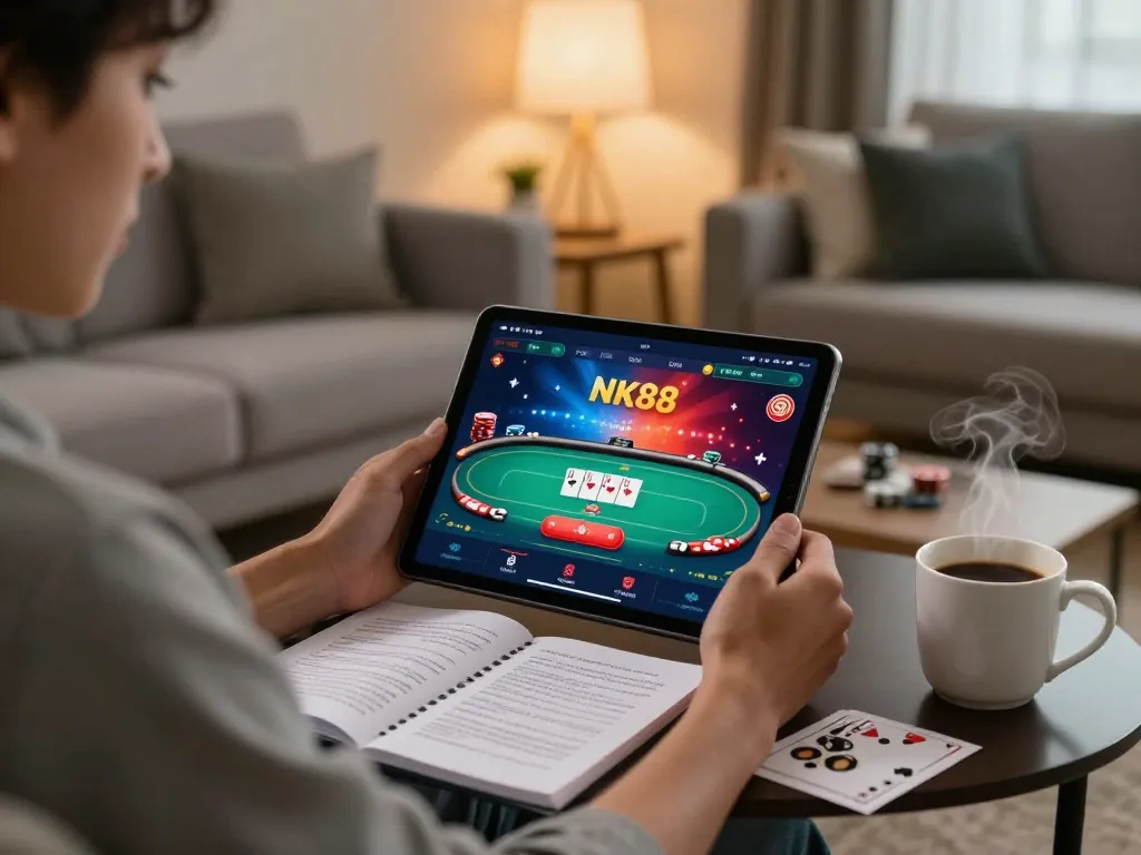 Player engaging with NK88 casino app on tablet, showcasing responsible gambling in a cozy home setting