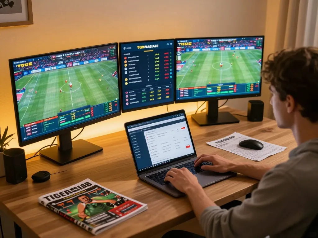 TIGERASIA88 user placing strategic bets during live sports events at home.