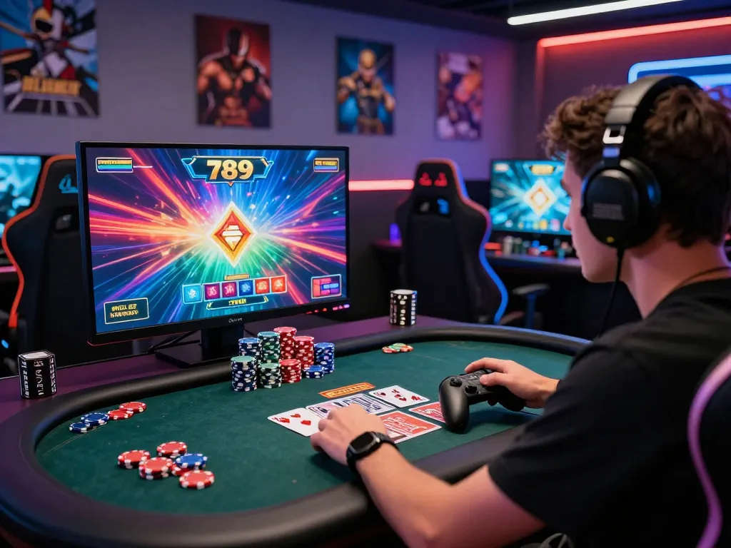 Player in intense focus on 789 club gaming screen with dynamic visuals and accessories in modern setting.