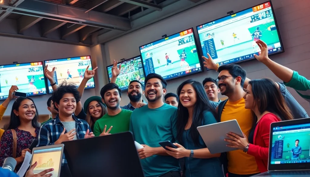 Sports fans enjoying high-quality live streaming sports events on 토토스토리, showcasing a vibrant betting community atmosphere.