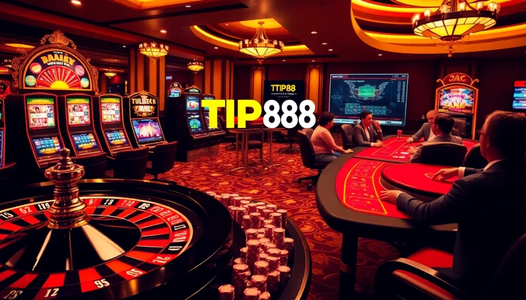 Experience thrilling action at TIP88’s vibrant gambling landscape featuring poker chips and roulette.