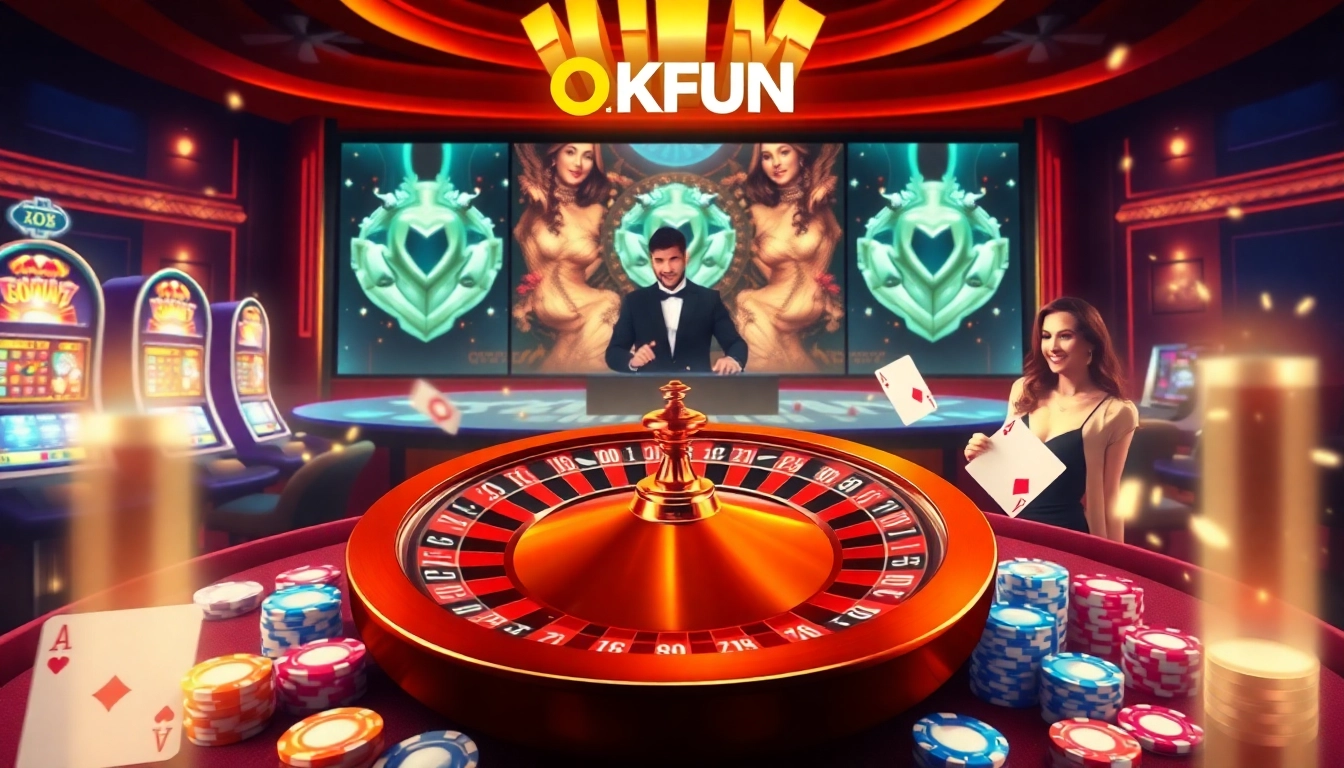 Players enjoying an exciting game at OKFUN casino with roulette wheel and poker chips.