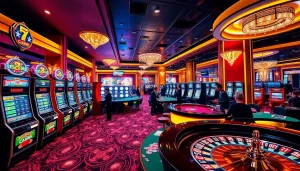 Jogadores vivenciando jogos de alto risco no cassino 59A, aproveitando caça-níqueis e jogos de mesa.