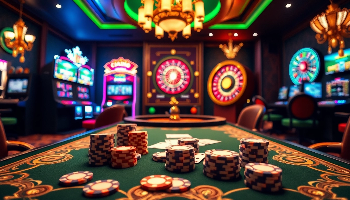 Vivez l'excitation des jeux en ligne avec cette scène de casino en ligne mettant en avant des jeux vibrants et du luxe.
