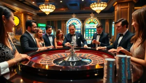 Players enjoying a thrilling game of roulette at shbet casino, showcasing excitement and luxury.