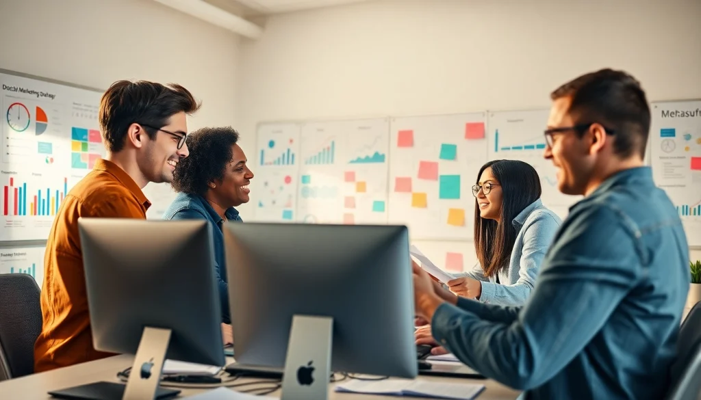 Brightet marketing team collaborating in a vibrant, creative workspace.