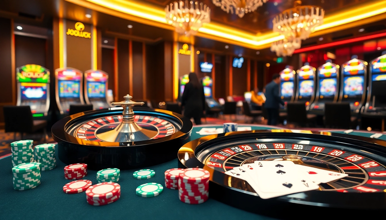 Experience the excitement of betting at Jogoluck with vibrant casino visuals, including roulette and poker.