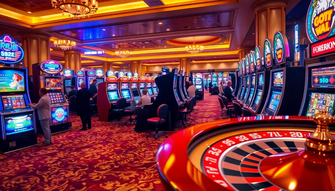 Players intensely focus on slot machines in a luxurious casino, capturing the thrill of gaming.