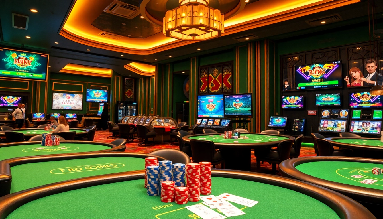 Experience the thrill of Cổng game B52 with dynamic casino visuals featuring poker chips and gaming tables.