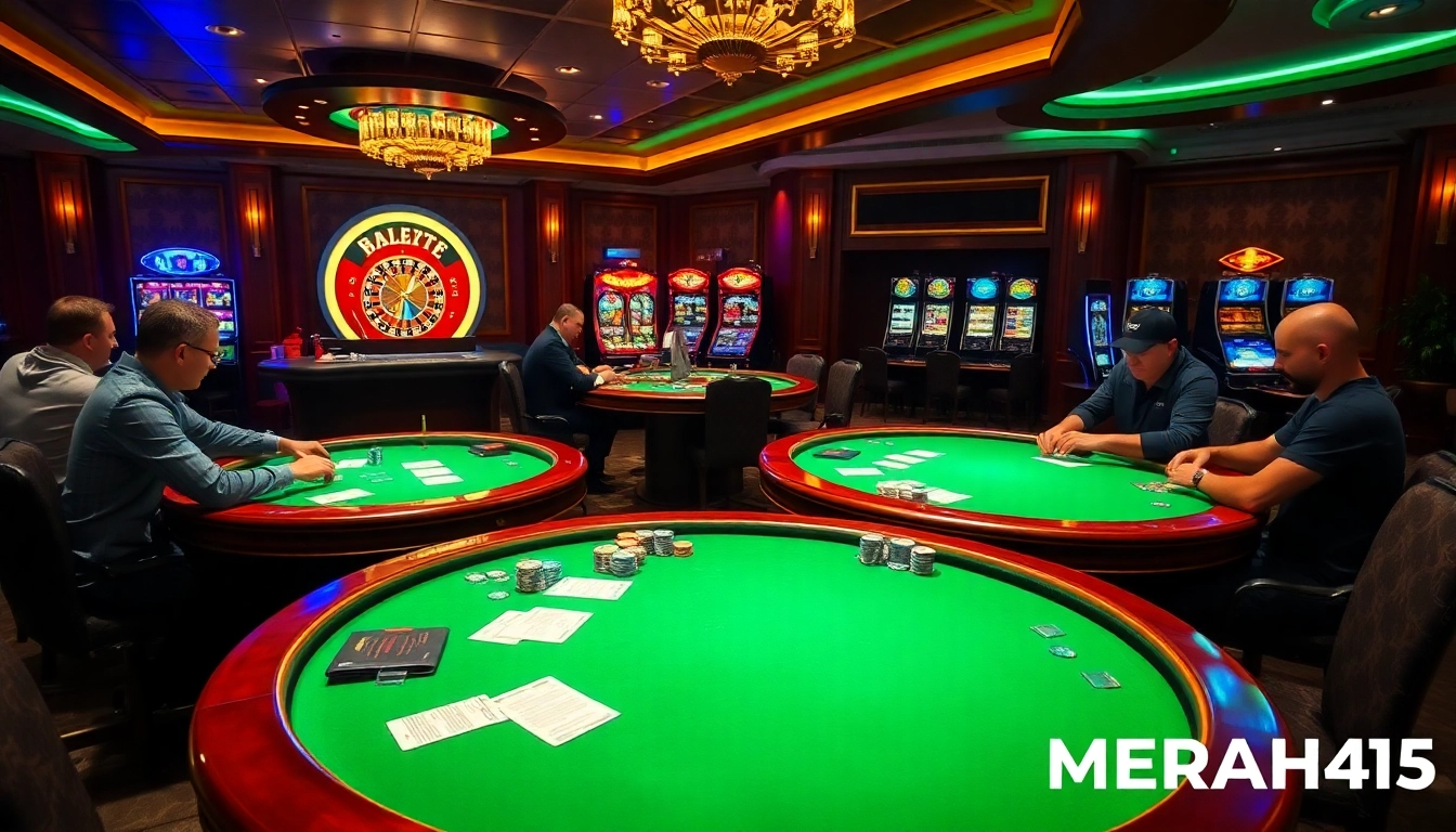 Players enjoying a thrilling poker game at MERAH45 casino with vibrant chips and cards.