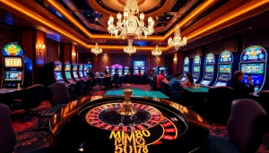 MM88 players enjoying an exciting game at a luxury casino table with vibrant slot machines.