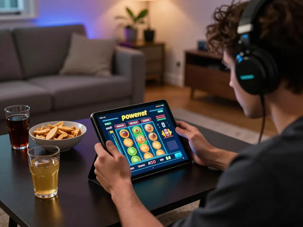Engaging with the powernet slot game on a tablet during a cozy home gaming session.