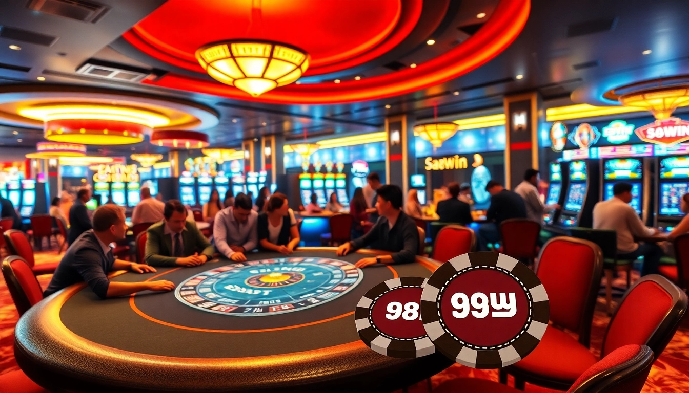 Players enjoying a vibrant casino atmosphere with 98win branded poker chips.