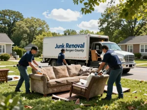 Efficient junk removal team clearing debris in Bergen County backyard, JUNK REMOVAL BERGEN COUNTY.