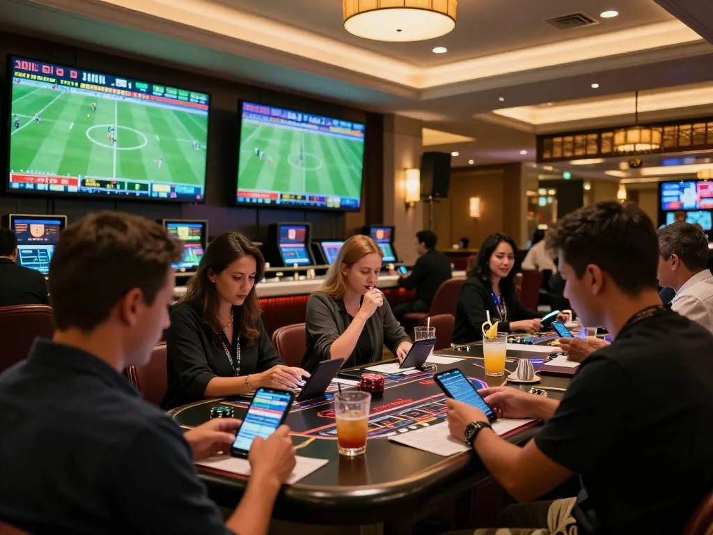 Sports betting excitement at a casino with bettors engaging on mobile devices and screens, showcasing situs parlay.