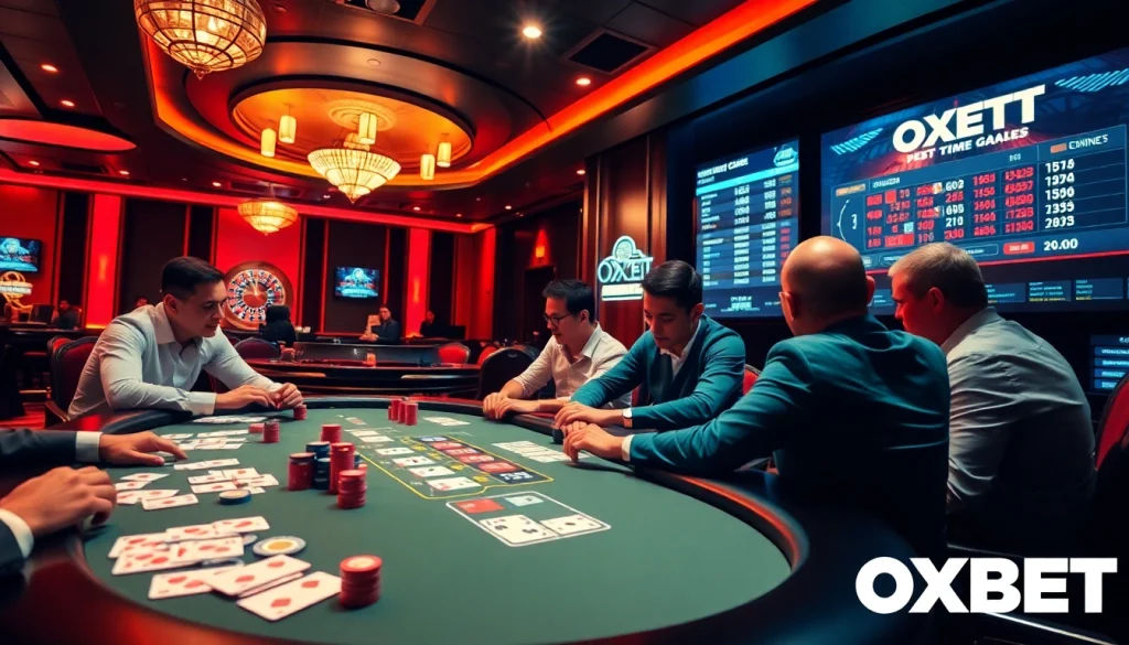 OXBET players enjoying an exciting poker game at a luxurious casino table.