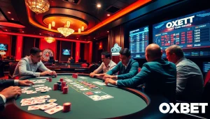 OXBET players enjoying an exciting poker game at a luxurious casino table.