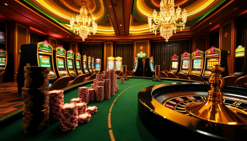 Vivez des sensations fortes au jeu en ligne avec des machines à sous vibrantes et des tables de poker élégantes dans cette scène de casino en ligne.