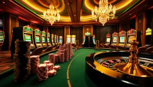 Vivez des sensations fortes au jeu en ligne avec des machines à sous vibrantes et des tables de poker élégantes dans cette scène de casino en ligne.