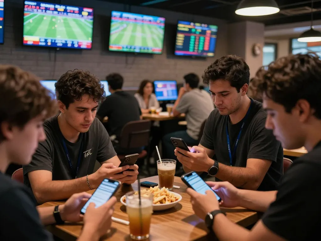 Bet168 enthusiasts analyzing odds at a lively sports betting lounge, showcasing a vibrant betting atmosphere.