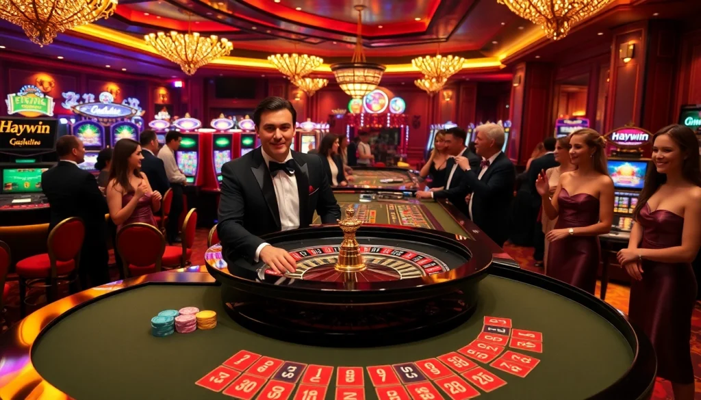 Players enjoying a thrilling game at Haywin's luxurious casino, featuring roulette and vibrant slot machines.