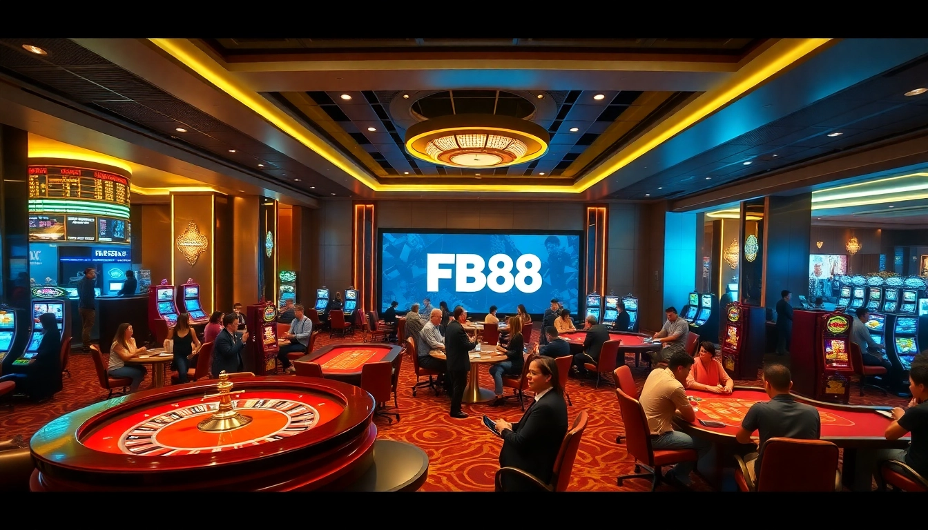 Engage with FB88's thrilling casino atmosphere showcasing vibrant games and elegant players.