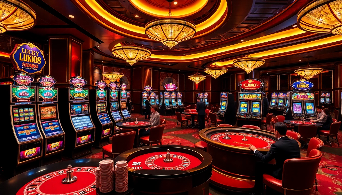Lucky88 casino scene with players enjoying vibrant slot machines and poker tables.