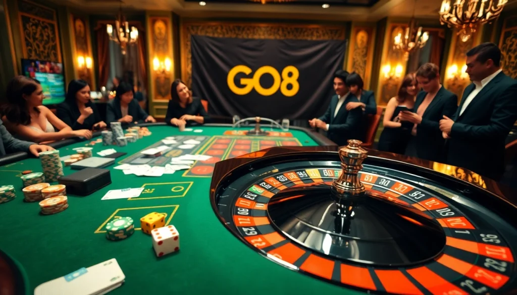 Experience the excitement of GO8 gaming at a luxurious casino table with vibrant poker chips and roulette action.