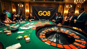 Experience the excitement of GO8 gaming at a luxurious casino table with vibrant poker chips and roulette action.