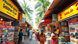 Sri Lanka Ads marketplace with vibrant stalls featuring personal services and spa advertisements.