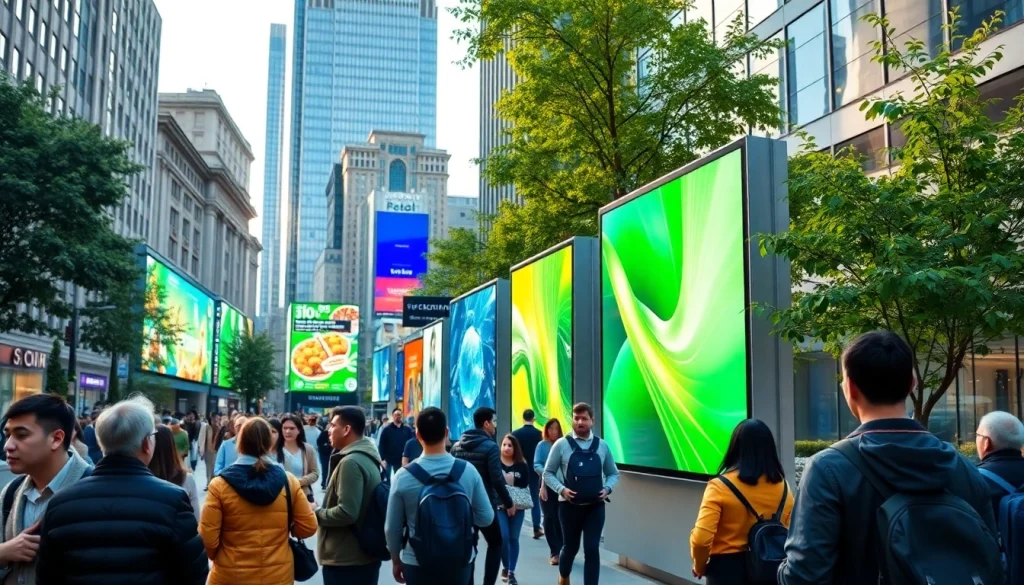 Engaging digital advertising boards attracting attention in a bustling urban environment.