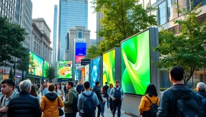 Engaging digital advertising boards attracting attention in a bustling urban environment.