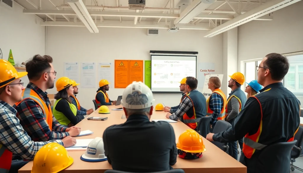 Engaged workers participating in construction safety training highlighting safety protocols and teamwork.