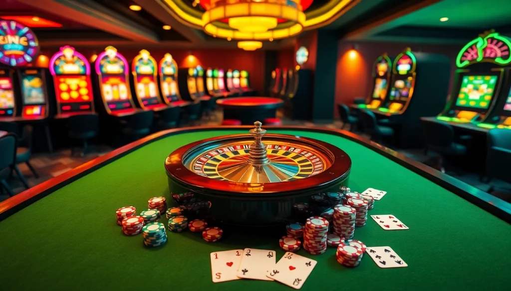 Experience thrilling gameplay at https://www.kjc.global/ with a luxurious casino scene featuring roulette and poker chips.