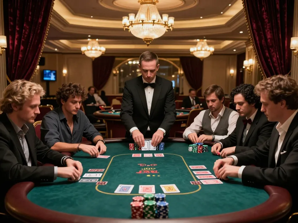 shbet players strategizing at an upscale poker table, chips stacked high create an engaging atmosphere.