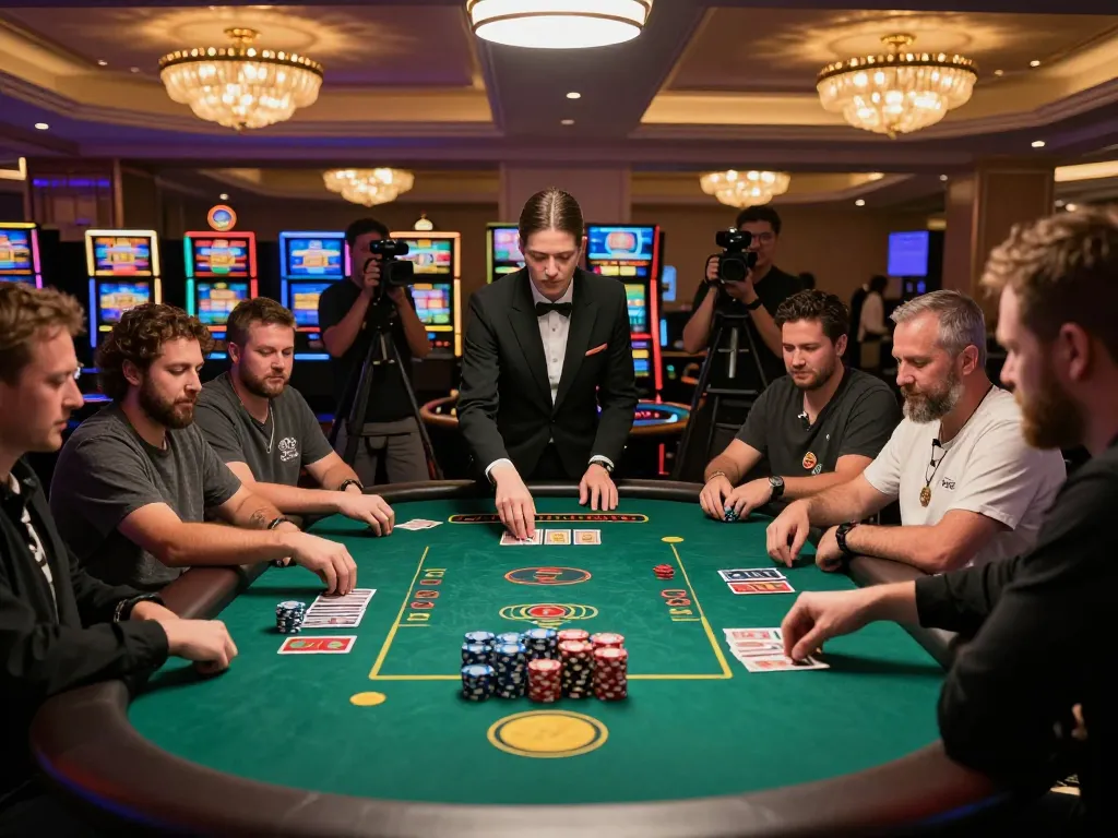Engaged players at 789win poker table strategizing for a winning hand in a stunning casino