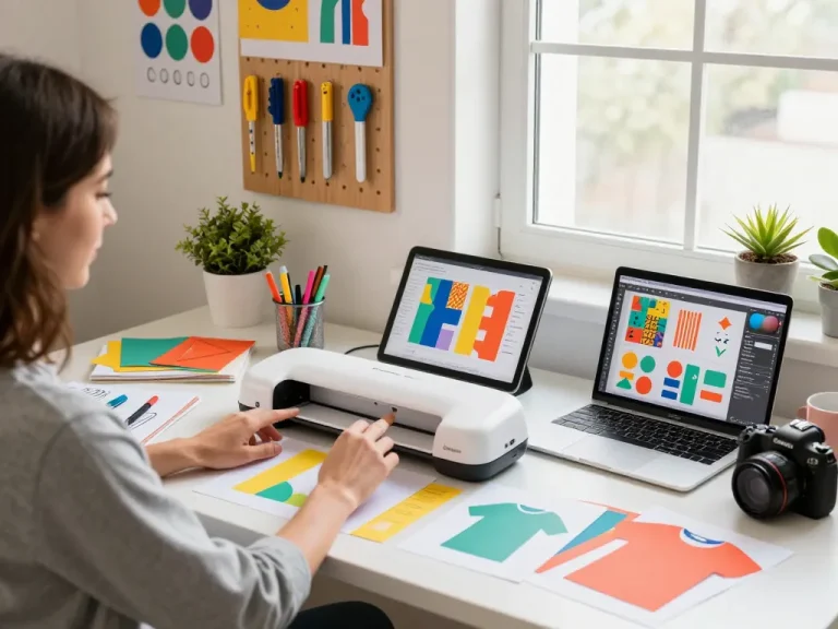 DIY design studio workspace with Cricut tools and templates, showcasing a creative atmosphere.