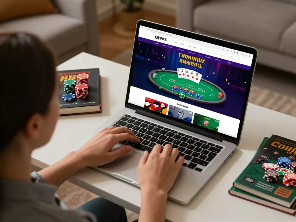 A player engages in online casino gameplay at a desktop, highlighting nhà cái uy tín and strategic betting.