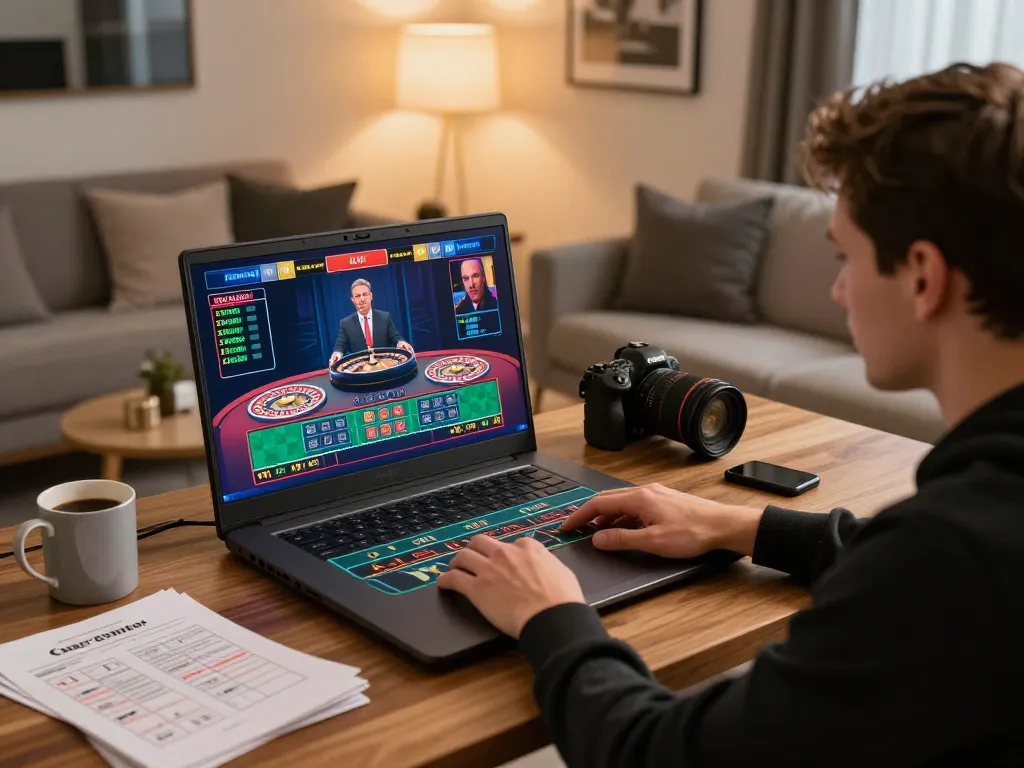 Player exploring mm88 live dealer games on a laptop within a stylish home setup, engaging in online gambling action