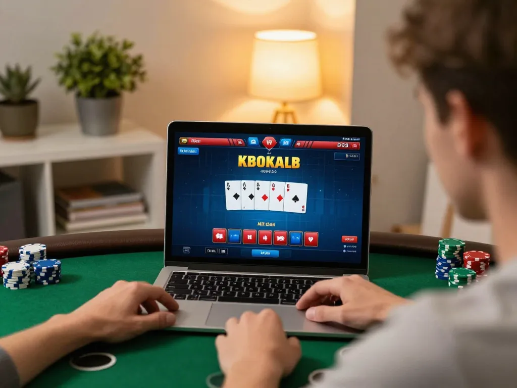 Player enjoying online poker at home using vipwin platform in a cozy setting with warm lighting.