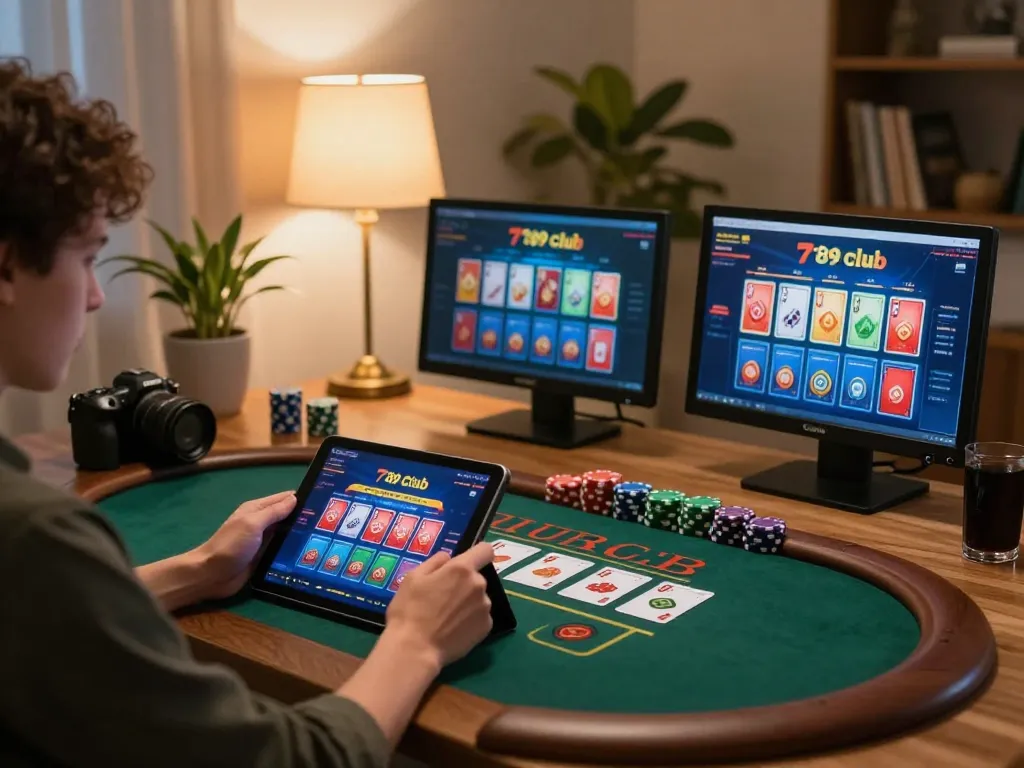 Engaging in an online gaming session on the 789 club platform at home with an inviting atmosphere.